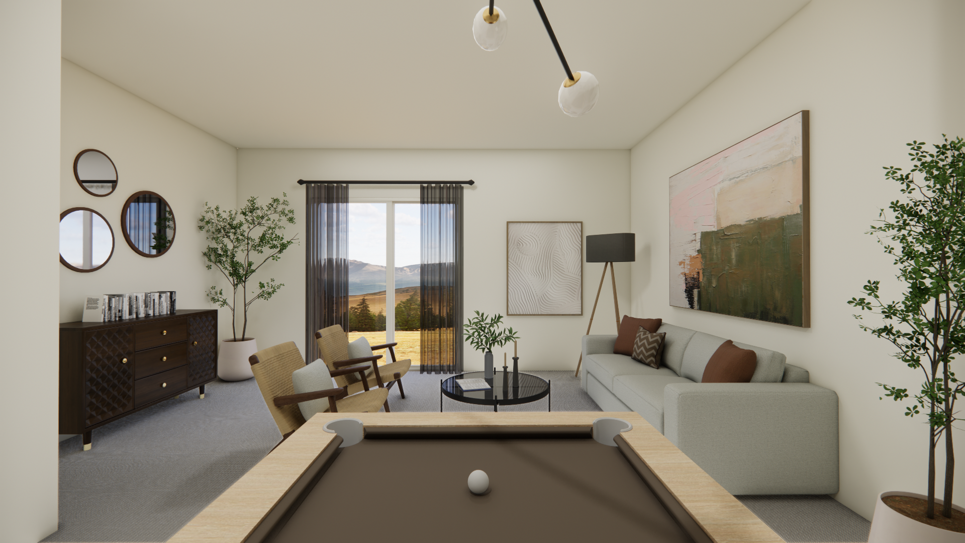 Living room with a pool table, contemporary furnishings, and mountain views through the window