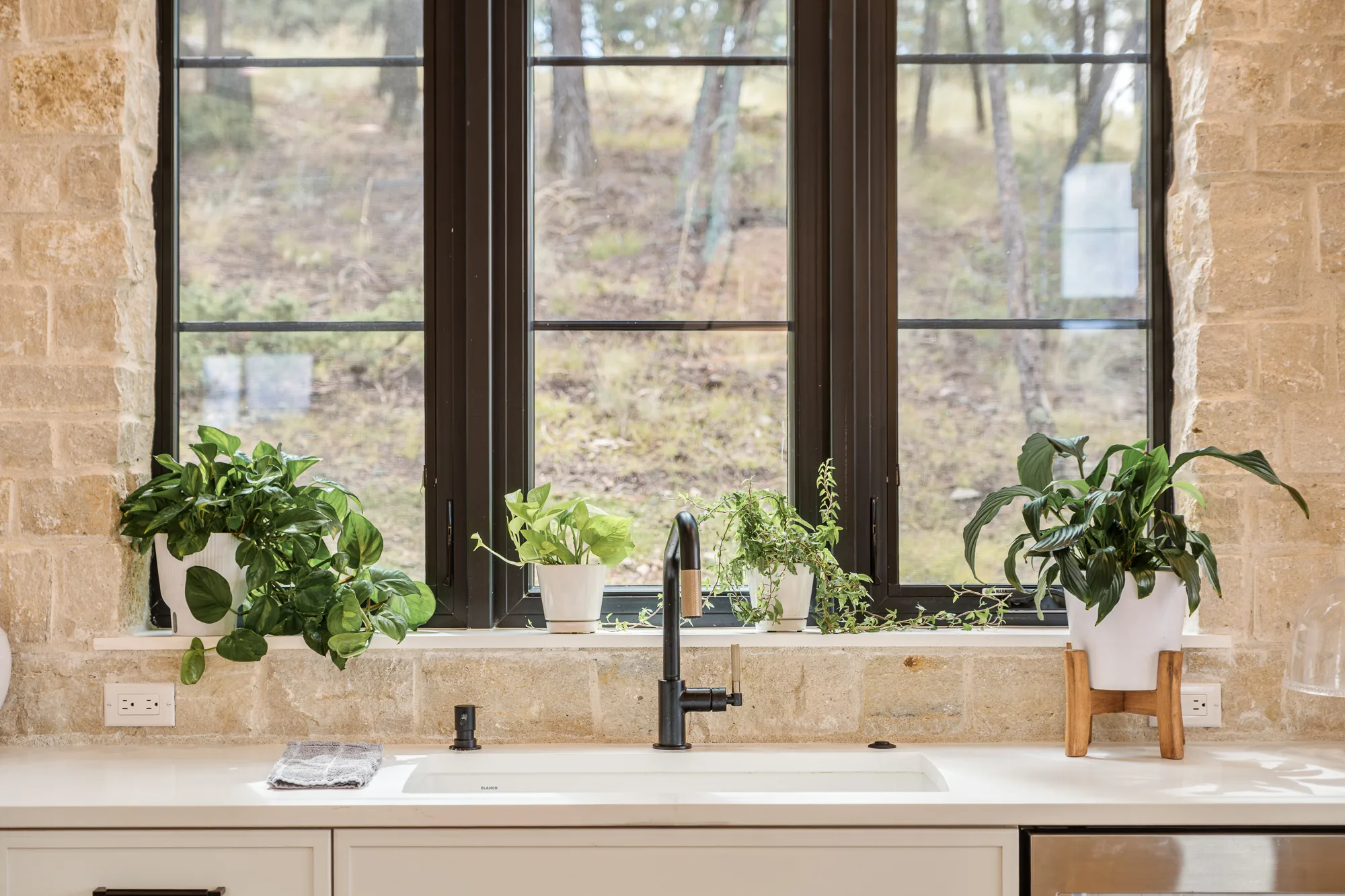 Close view of the kitchen sink window, black steel sash against cut stone with potted greenery along the sill.