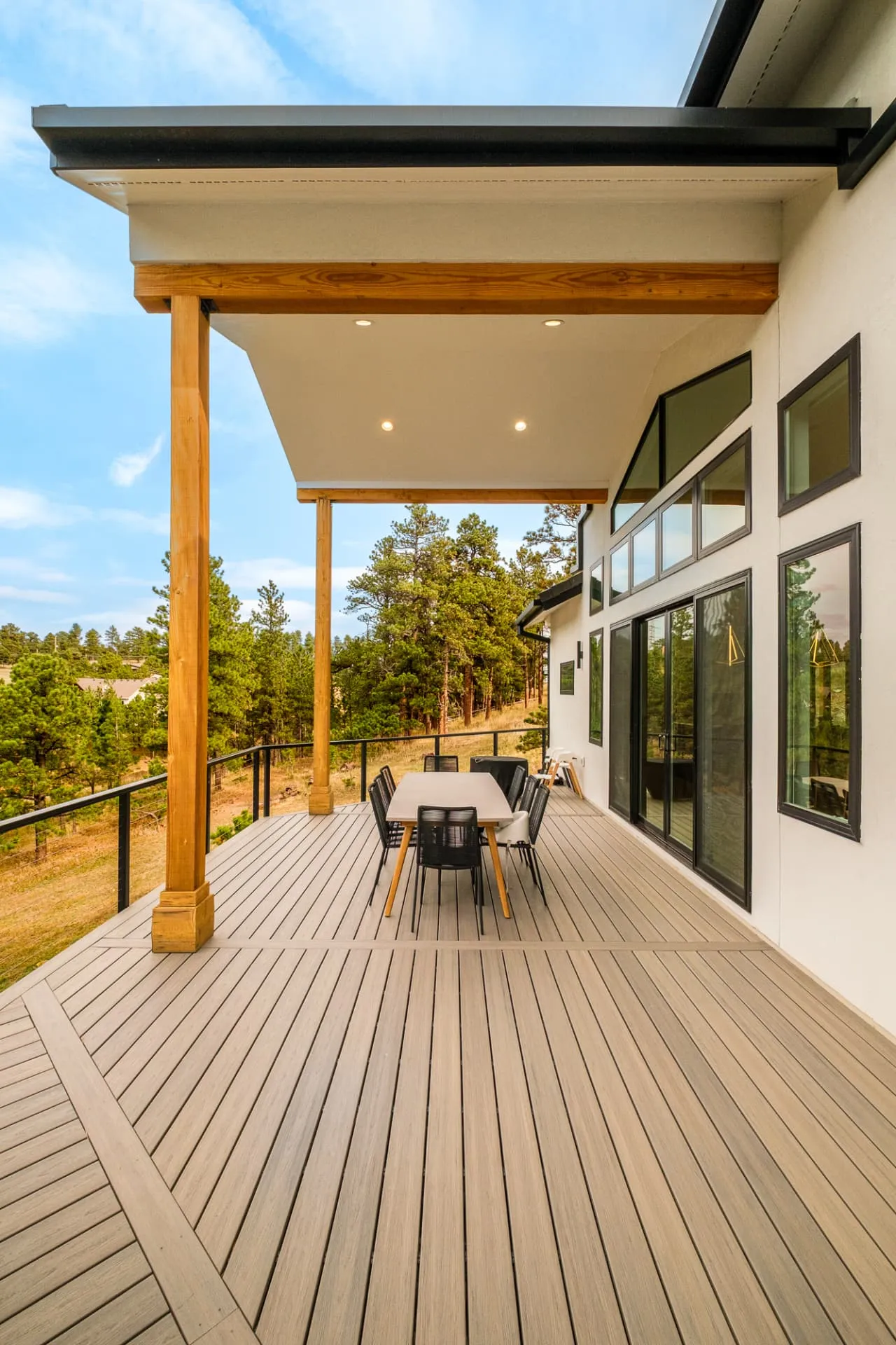 Long covered deck along the rear of the house
