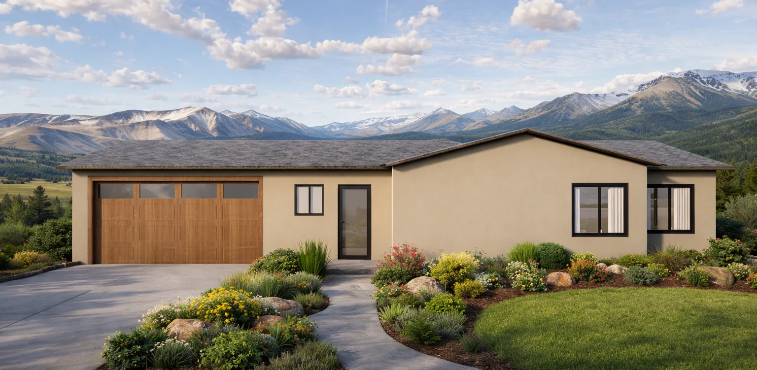 Architectural rendering of a single-story tan stucco home with a gabled entry and paver drive, mountains beyond — a West Fork Village plan