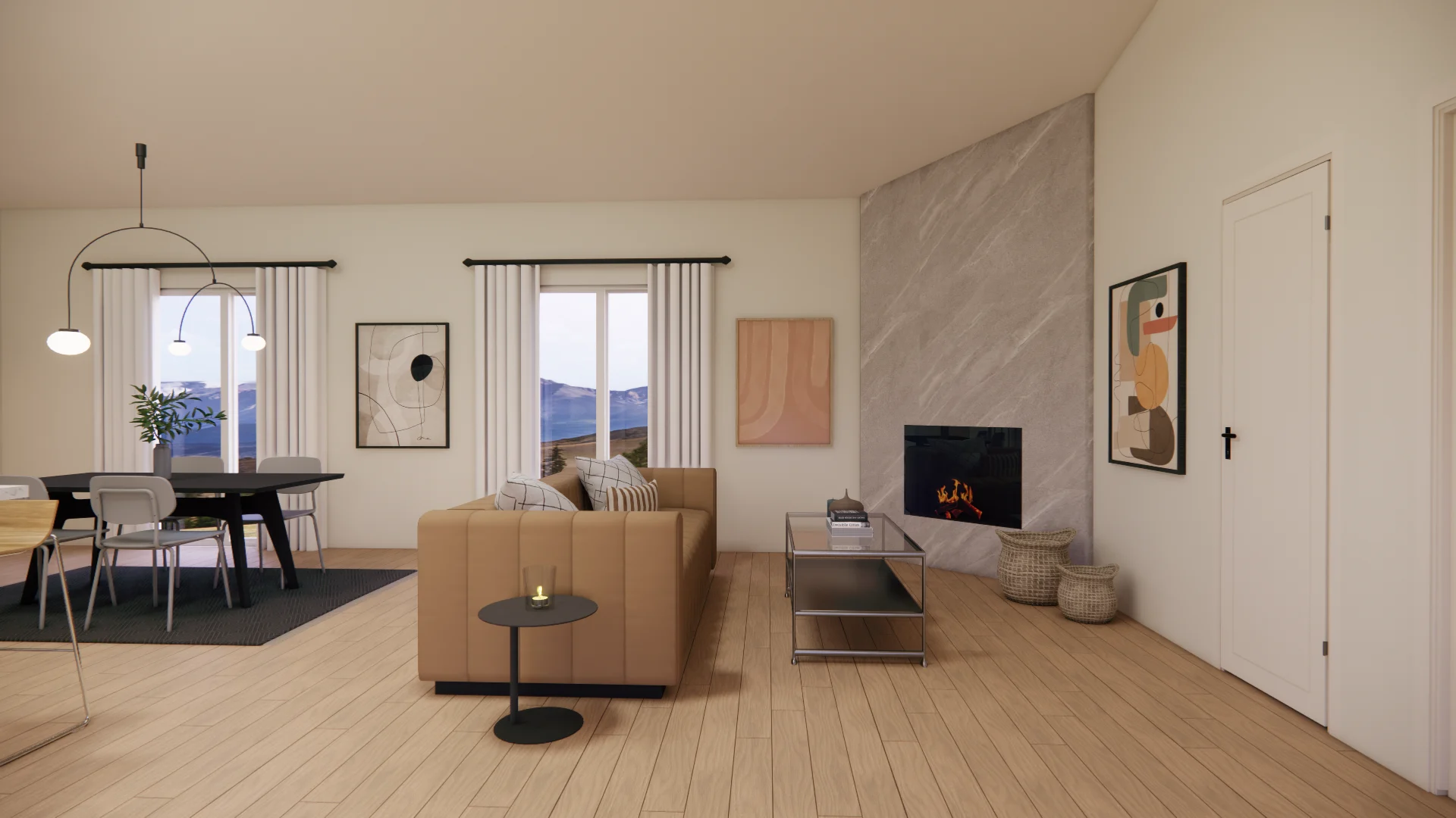 Open living and dining room with a stone fireplace wall and light oak floors