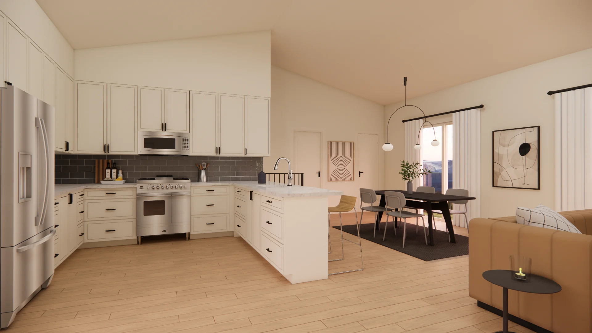 Cream kitchen with a peninsula, dark tile backsplash, and a dining table beyond