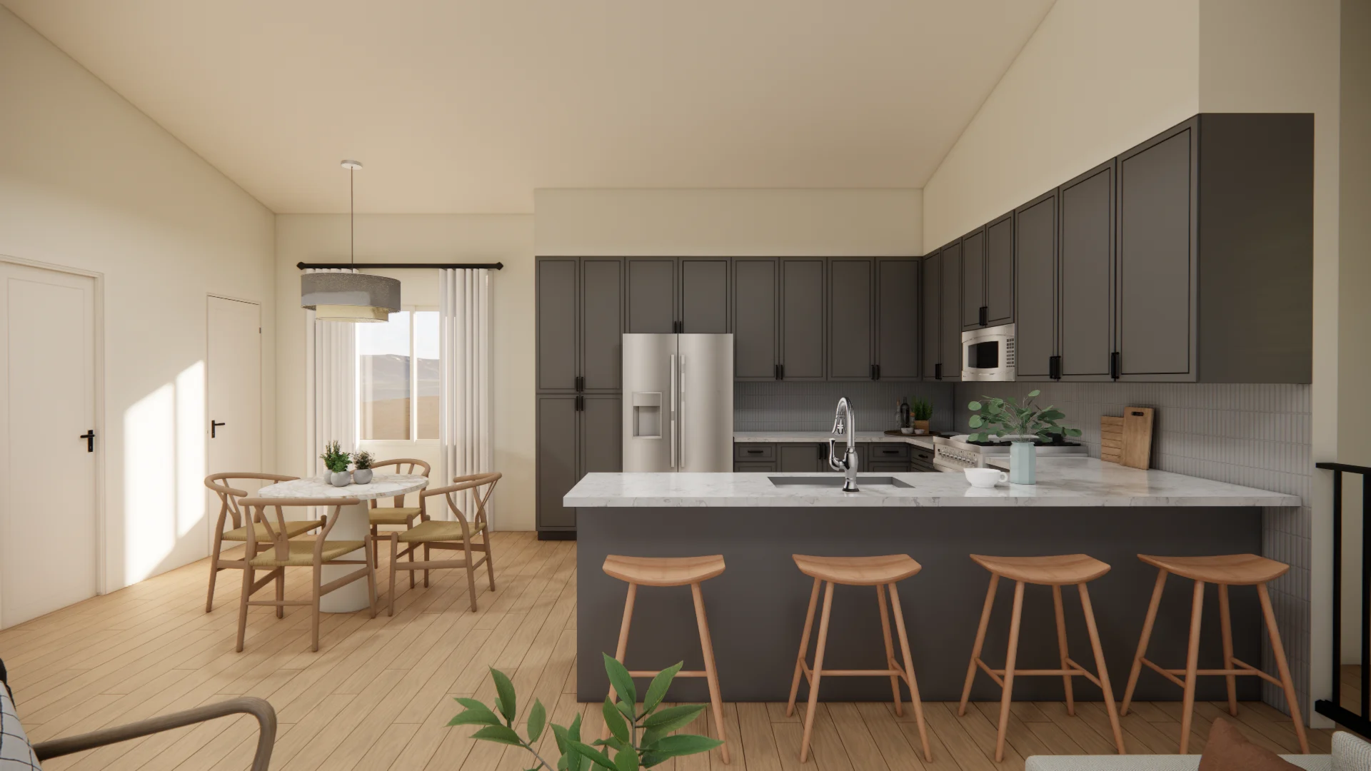 Kitchen with charcoal cabinetry, a marble-topped peninsula, and a dining table under a drum pendant