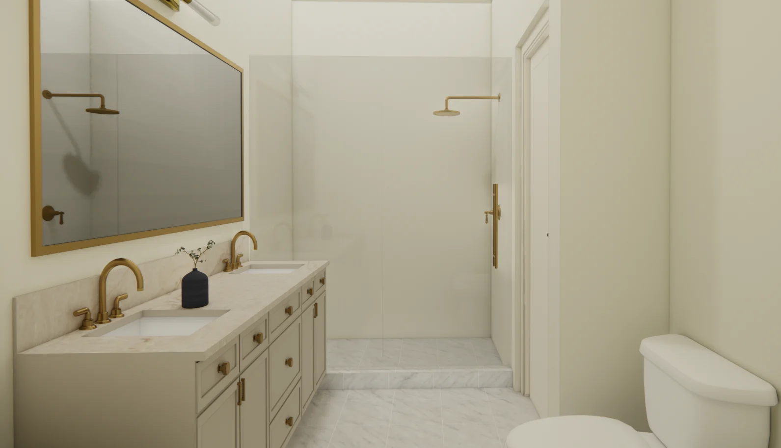 Bathroom with a double vanity, brass fixtures, and a curbless marble-tiled shower