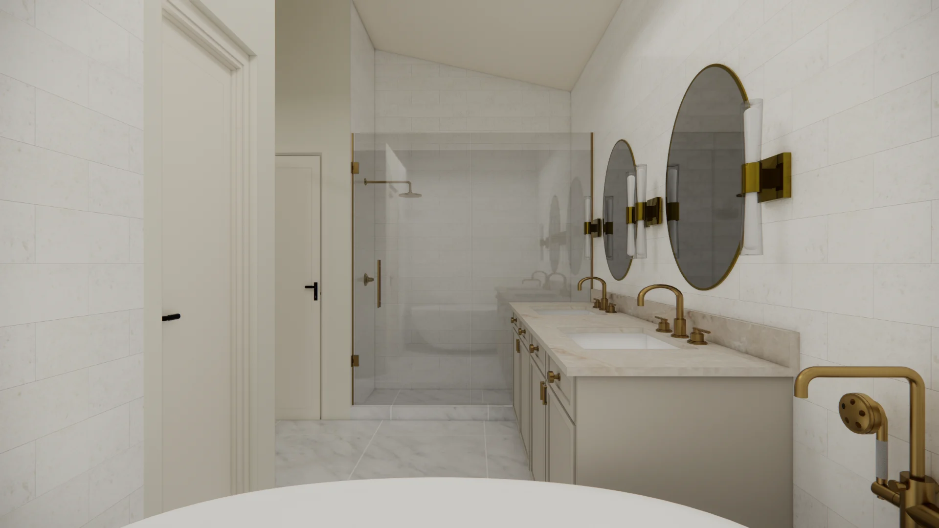 Primary bathroom with a freestanding tub, oval mirrors, brass sconces, and a glass shower