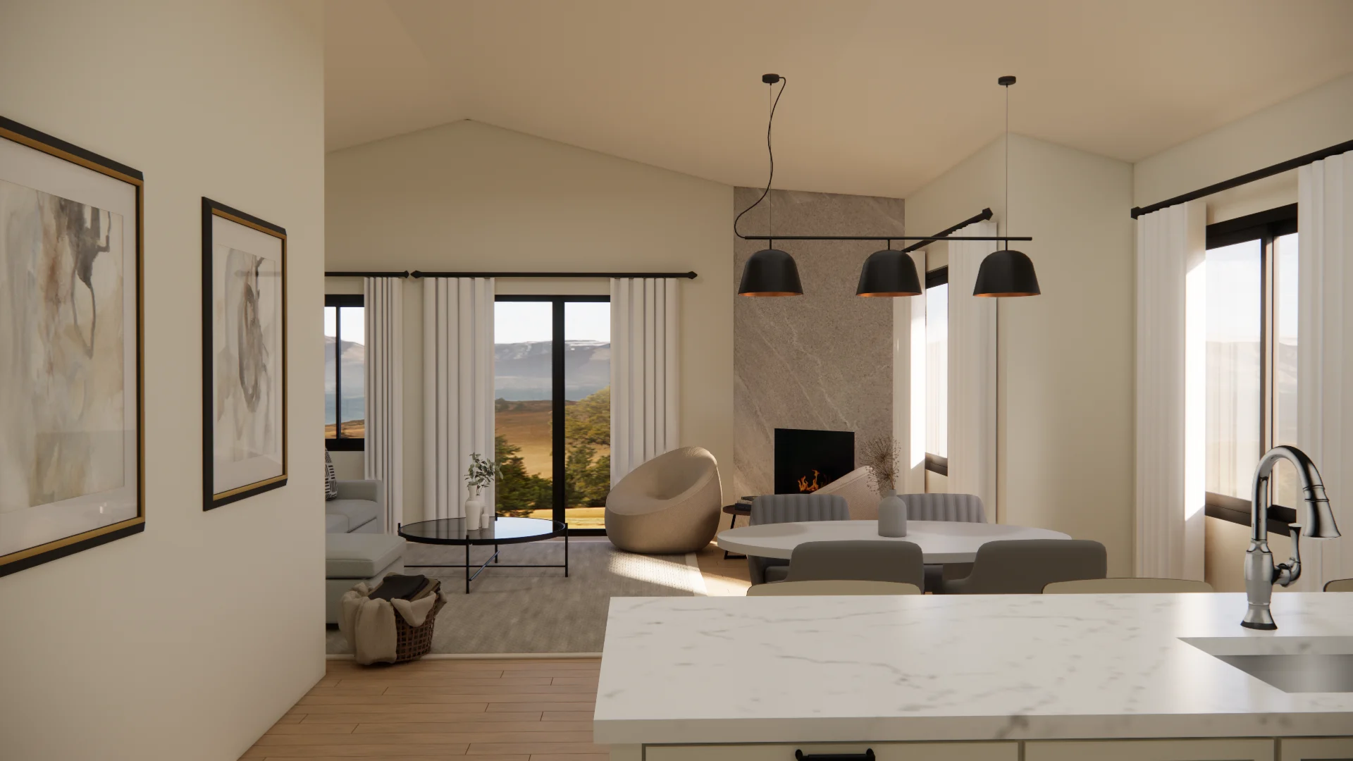 View across the kitchen island to a living room with a stone fireplace and mountain views
