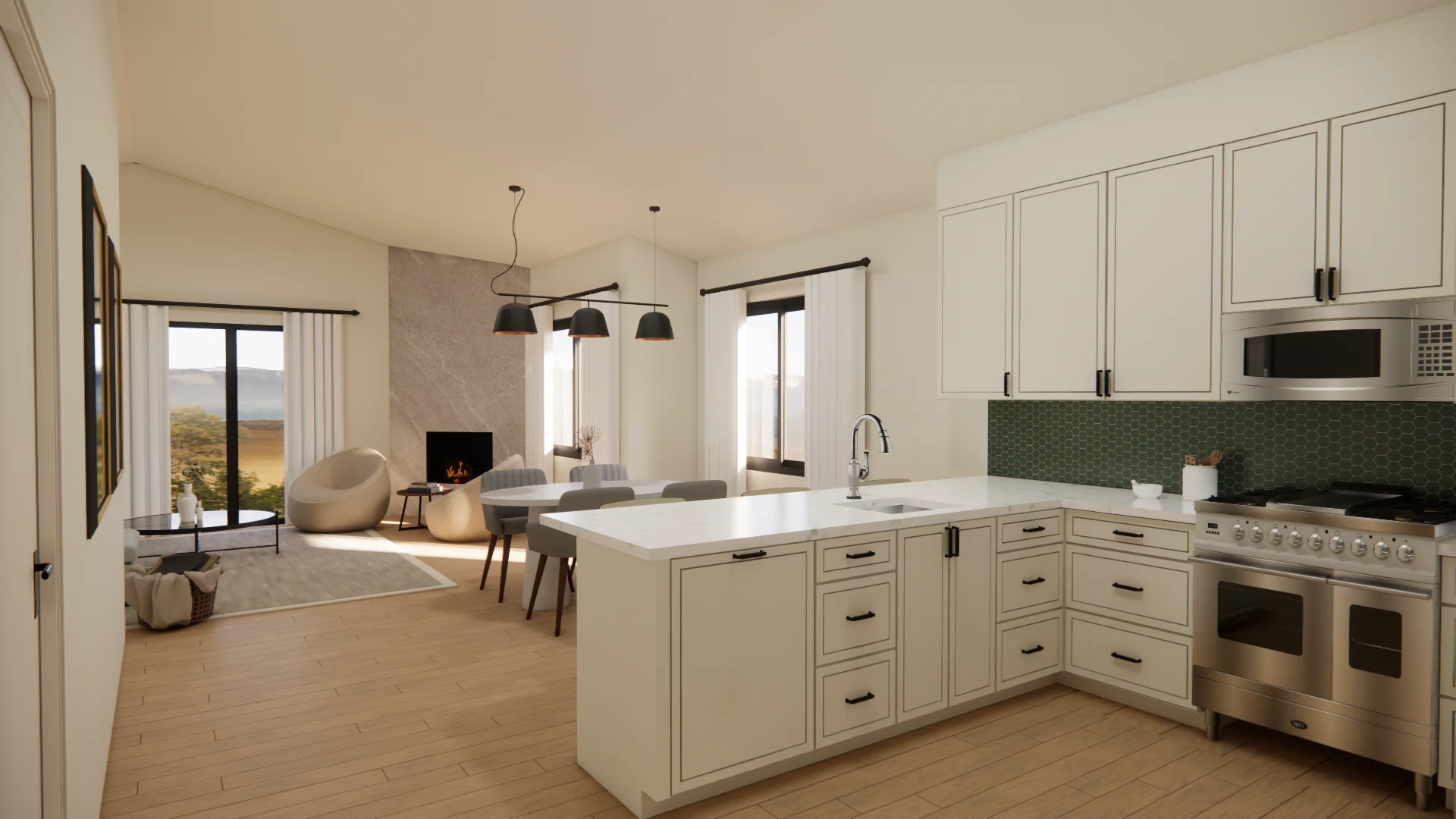 Cream kitchen with a green hexagon tile backsplash and a range, open to the living room